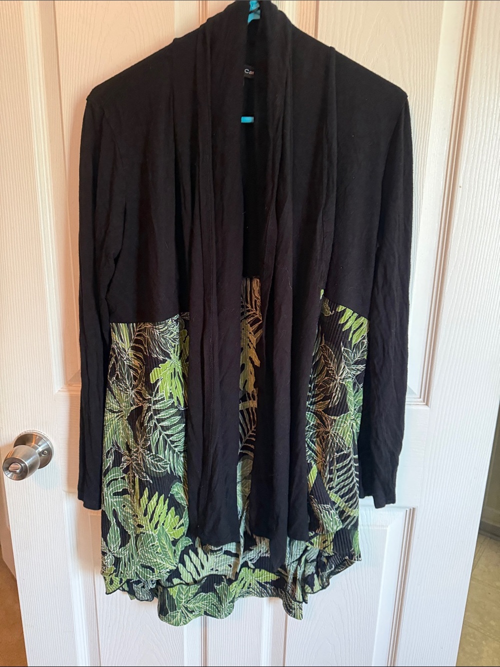 Kim & Cami Black Cardigan with Green Leaf Panels